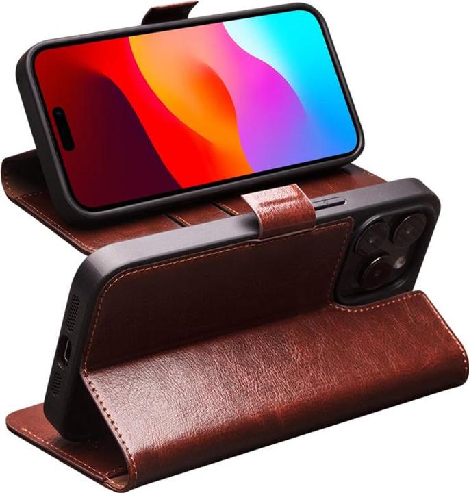 Image du produit QiAlino Fourre Samsung Flip cuir véritable avec fermeture magnétique foncé (Apple iPhone 15 Plus)