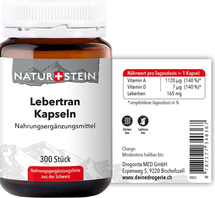 Valori nutrizionali e ingredienti Naturstein Capsula di olio di fegato di merluzzo (300 Pezzo/i, Pillole, 171 g)