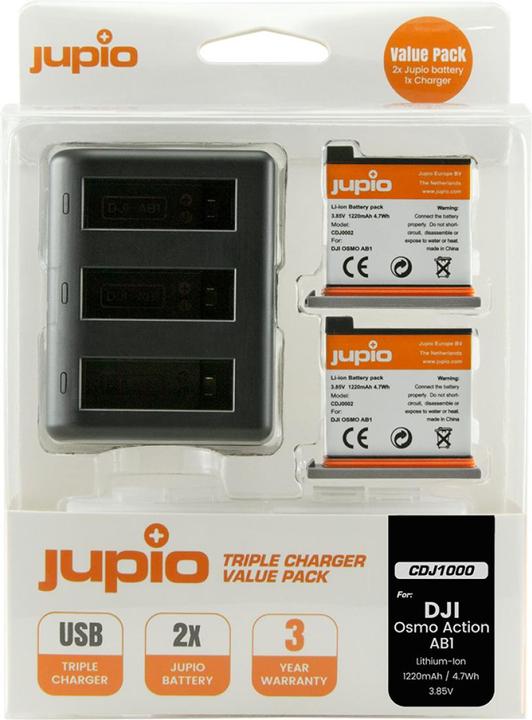 Jupio Triple Ladegerät Set für DJI Osmo Action + 2 Akkus
