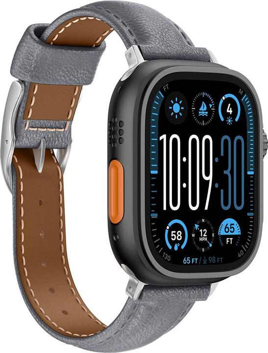 Amazingthing Class Band Lederarmband für Apple Watch 45 / 46 / 49 mm - Grau (Edelstahl, Narbenleder)