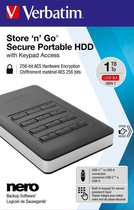 Actual product image Verbatim external HDD drive USB 3.1 Secure (1 TB)