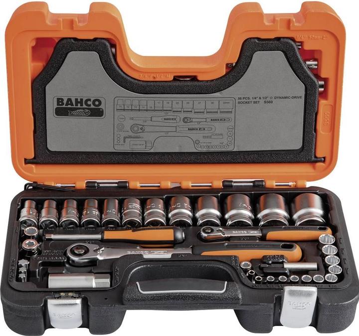 Produktbild Bahco 1/4"- und 1/2"-Steckschlüssel-Satz, metrisch, Doppelsechskant, inklusive Umschaltknarre mit schla (1/2")