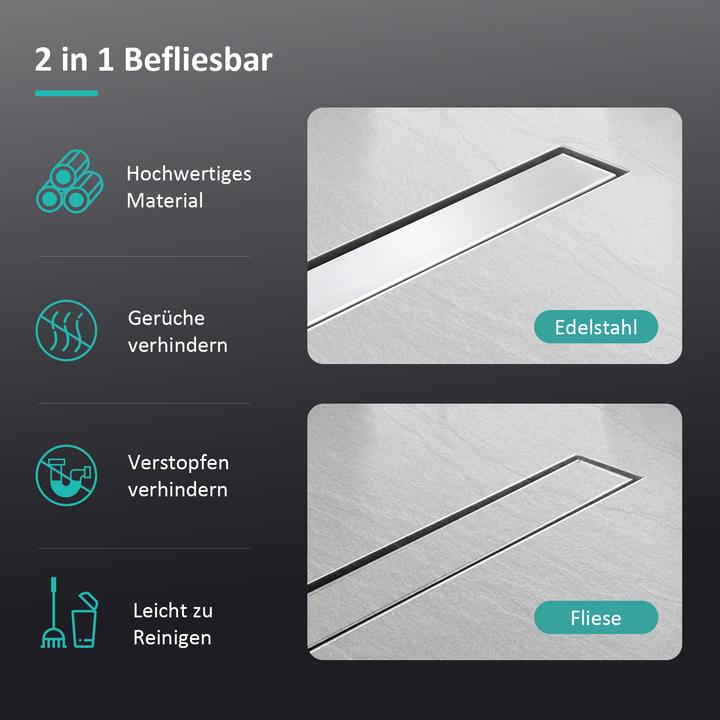 Produktbild Emke Duschrinne Edelstahl, Bodenablauf Komplettset Siphon mit Geruchsstop, Haarsieb, 500cm (500 mm)