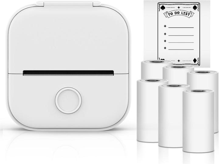 Ultimus T02 Thermischer Mini-Drucker, Weiss mit 6 Rollen nicht-klebendem weissem Papier (USB)