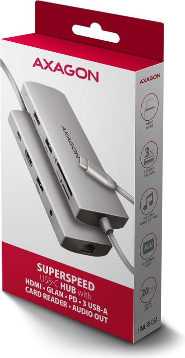Actual product image Axagon HMC-8HLSA Wieloportowy hub USB-C 3.2 Gen 1 hub, 3x USB-A + 4K/30Hz HDMI + SD/microSD, GLAN, Audio (USB-C, 8 Ports)