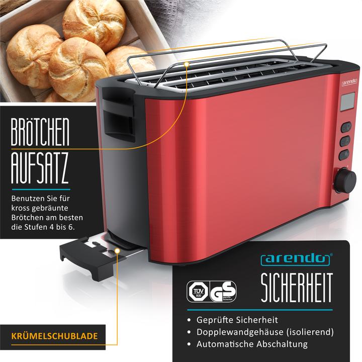 Immagine prodotto Arendo 4 Scheiben Toaster Langschlitz Edelstahl, Doppelwand, Brötchenaufsatz, Display mit Restzeitanzeige