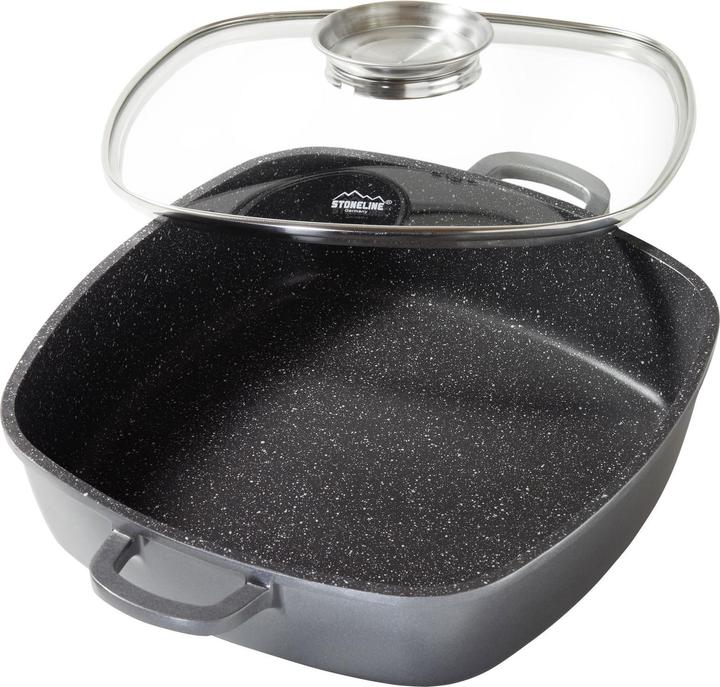 Produktbild Stoneline Eckpfanne 28x28 cm mit Aroma Glasdeckel, Pfanne rechteckig, Backofen, Induktion geeignet (Pfannenset + Topfset, Aluminium)