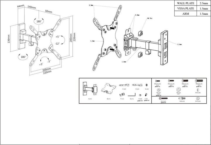 Image du produit Manhattan Support mural universel pour TV, inclinable et pivotant (Mur, 43", 20 kg)