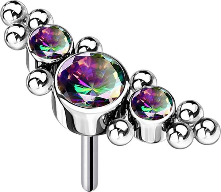 Star Piercing Threadless silber mittig mit Kugeln und drei Kristalle dunkel multicolor (ohne Messing, Titan G23)
