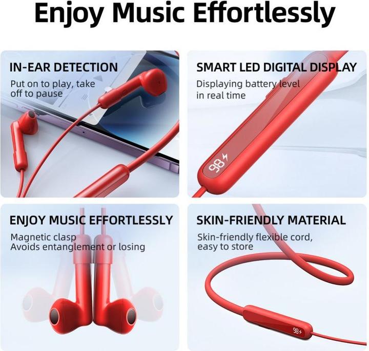 Actual product image Joyroom Magnetic Wireless Neckband Headphones, JR-DS1, (red) (20 h, Wireless)