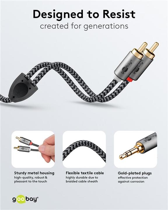 Produktbild Goobay Audio Adapterkabel AUX, 3,5-mm-Klinke zu Stereo-Cinch-Stecker, 0,5 m, Sharkskin Grey (0.50 m, 3.5mm Klinke (AUX))