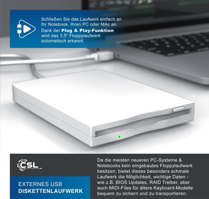 Image du produit CSL Lecteur de disquette USB externe, lecteur de disquette USB FDD 1,44MB (3,5) pour PC & MAC, blanc (lecteur de disquettes)