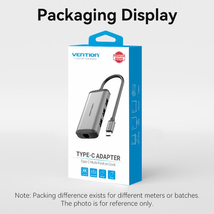 Actual product image Vention USB-C Docking Station to HDMI, 3x USB3.0, RJ45, PD 0.15m CNCHB, grey (USB-C, 4 Ports)