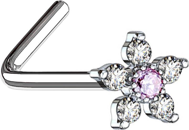 Actual product image Star Piercing Nasenstecker gewinkelt silber Blume mit Kristall pink und silber (Surgical steel 316L, Brass)
