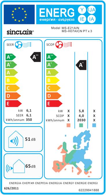 Etichetta energetica Sinclair Pacchetto di installazione dell'aria condizionata n. 4 (120 m², 24000 BTU/h)