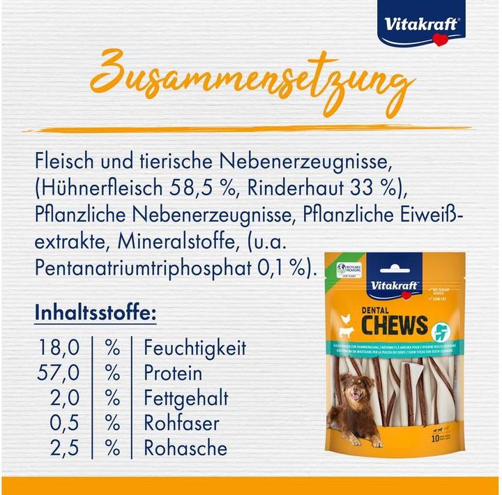 Nutritional values and ingredients Vitakraft Dental Chews chew sticks with chicken filling S for dogs 150gr - (58292) (Adult, 10 pcs., 150 g)