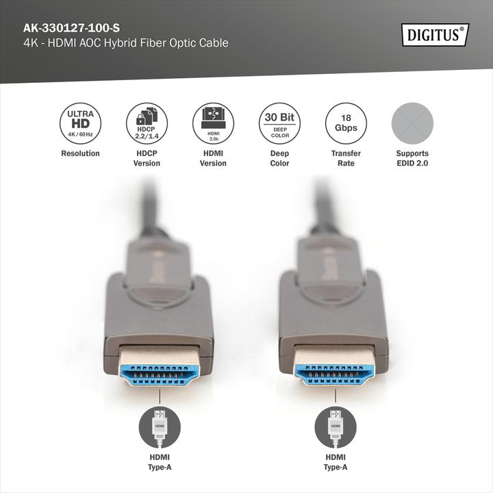 Image du produit Digitus 4K - Câble hybride HDMI® AOC en fibre optique avec connecteur détachable (10 m, HDMI)