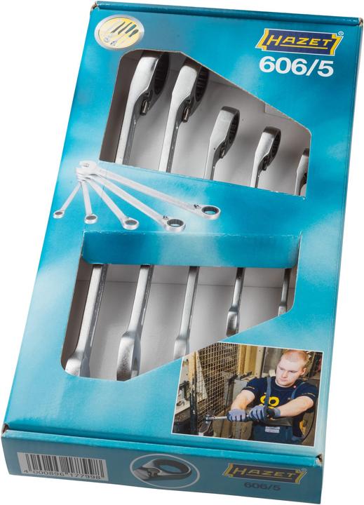 Immagine prodotto HAZET Serie di chiavi combinate a forchetta/ad anello con cricchetto 606/5 ∙ Profilo trazione doppi… (8 mm, 10 mm, 13 mm, 17 mm, 19 mm)