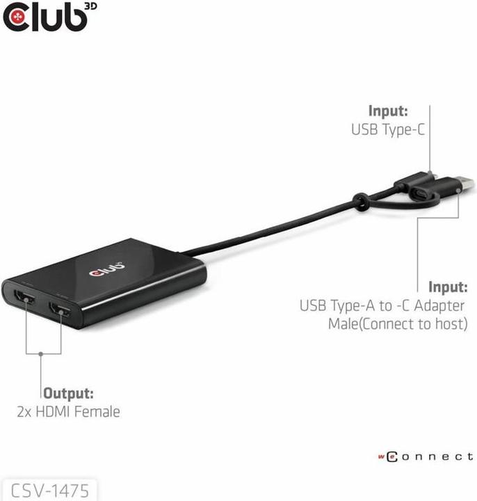 Produktbild Club 3D Club3D Adapter USB-C (USB A Adapter) > 2x HDMI 4K@60Hz St/Bu retail (USB Typ-C, 9 cm)