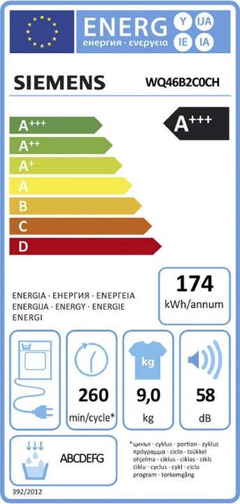 Etichetta energetica Siemens WQ46B2C0CH 9kg & WG56B2A5CH 10kg Waschturm (9 kg, A destra)