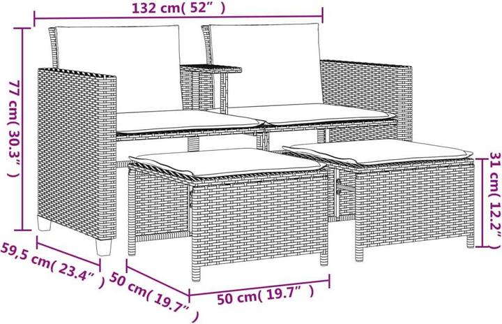 Image du produit VidaXL Canapé de jardin 2 places avec table et tabourets