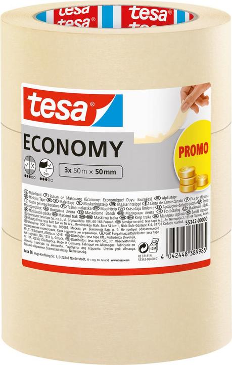 tesa 3x Malerband ECONOMY Abdeckband, Dreierpack (50 mm)