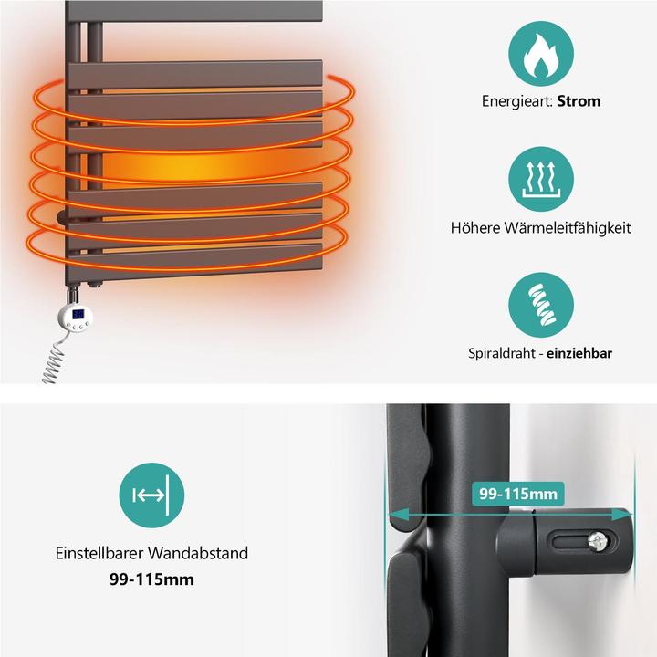 Image du produit Emke Sèche-serviettes électrique Panneau avec baguette chauffante avec minuterie, Anthracite 1320x60 (800 W)