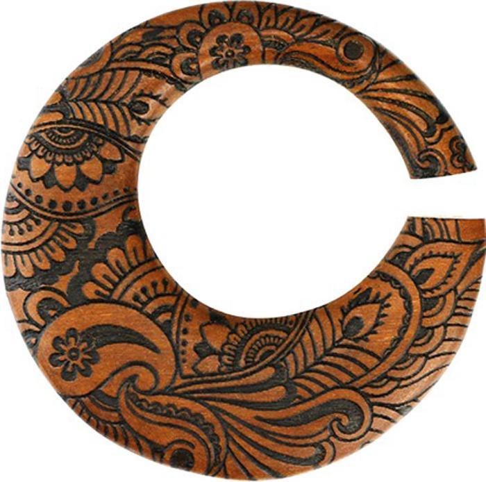 Produktbild Star Piercing Ohrgewicht Ring Gravur Blumen aus Balinese Holz (ohne Messing, Organisch)