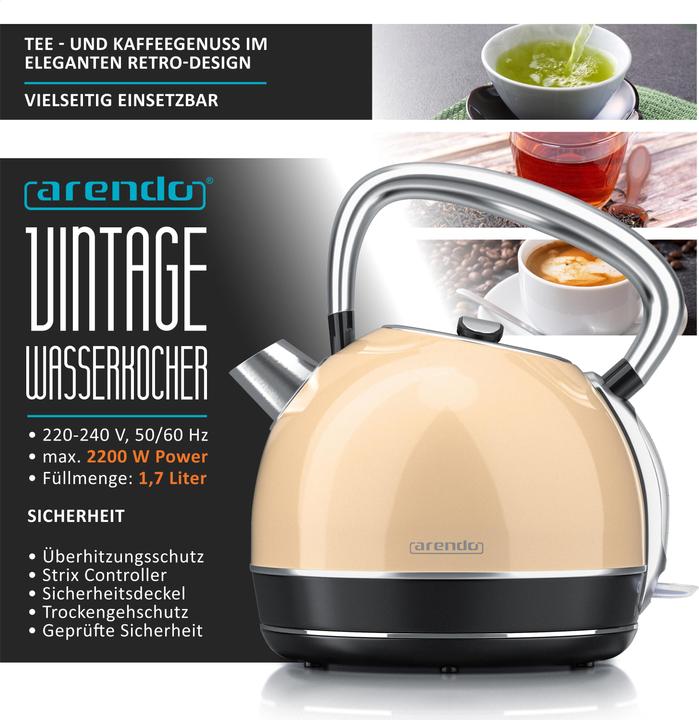 Actual product image Arendo Kettle 1.7 l, 2200 W, stainless steel, retro style, vintage, overheat & dry boil protection, beige (1.70 l)