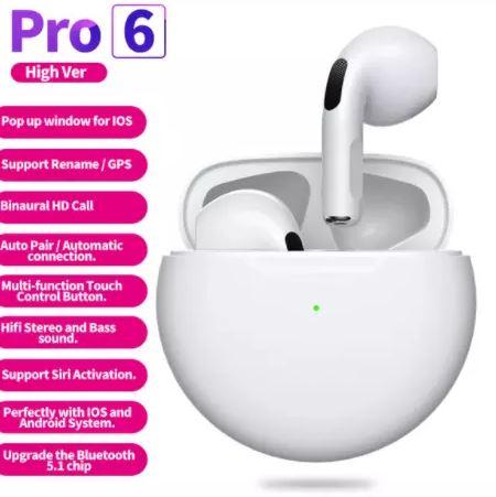 Image du produit PhoneLook Écouteurs Pro 6 Bluetooth 5.0 Super Bass sans fil Earbuds design rond (4 h, Sans fil)