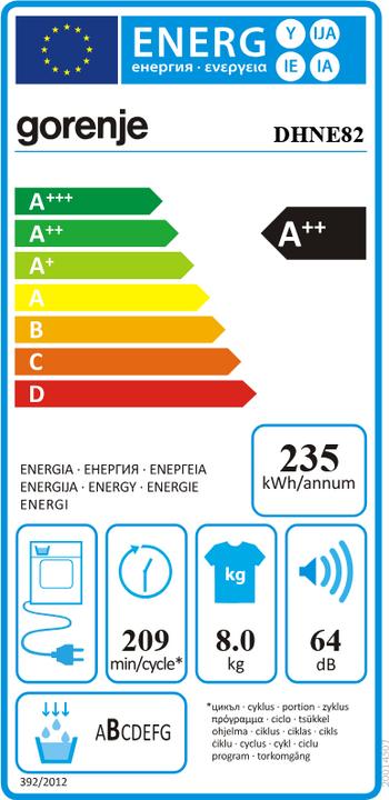 Label énergétique Gorenje DHNE82 (8 kg, Droite)