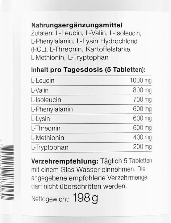 Valeurs nutritives et ingrédients Effective Nature EAA Acides aminés essentiels 180 tabs (180 pièce(s), Cachets, 180 g)