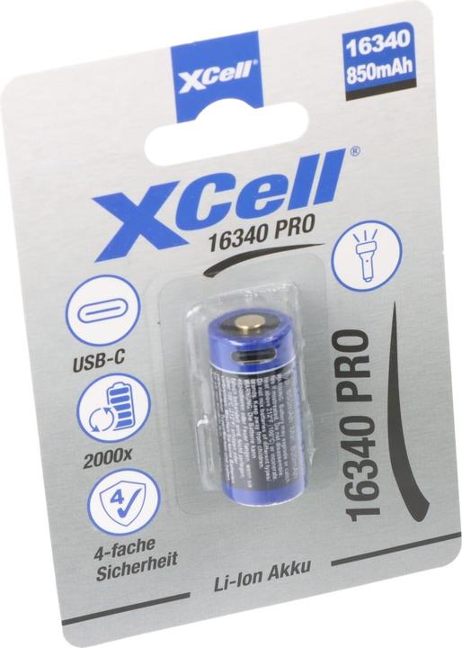 XCell Pro 16340 battery, CR123A protected, with USB-C charging socket (1 pcs., RCR123A, 850 mAh)