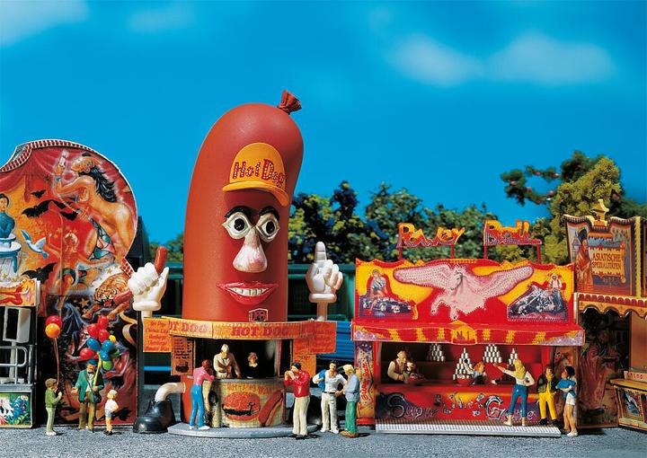 Image du produit Faller stands forains originaux »Hot-Dog-Man« et un stand de jeux de lancer »Power-Ball«.
