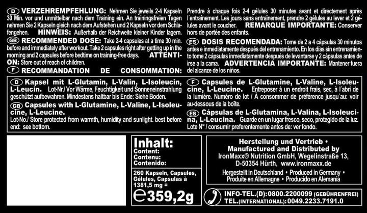 Nutritional values and ingredients IronMaxx BCAAs and glutamine 1200 (260 Piece, Capsules, 357 g)