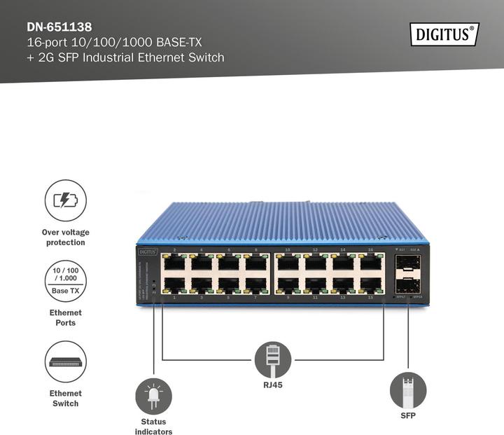 Produktbild Digitus 16-port 10/100/1000BASE-TX +2G SFP Industrial Ethernet Switch (16 Ports)
