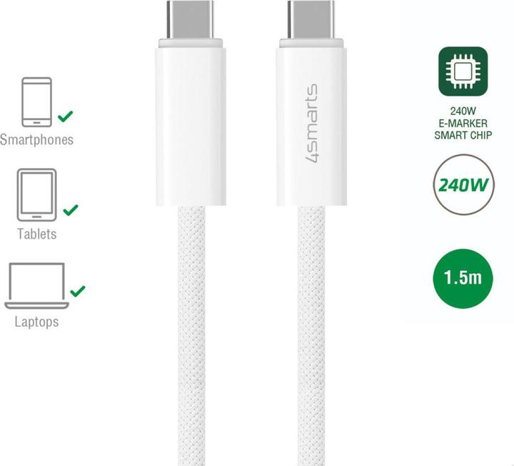 Actual product image 4smarts USB-C cable PremiumCord 240W 1.5m white (1.50 m, USB 3.2 Gen 1, 240 W)