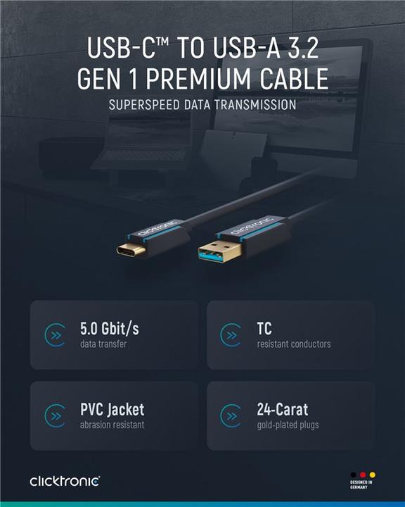 Produktbild clicktronic USB-C - USB-A Adapterkabel, High Speed (2 m, USB 3.0)