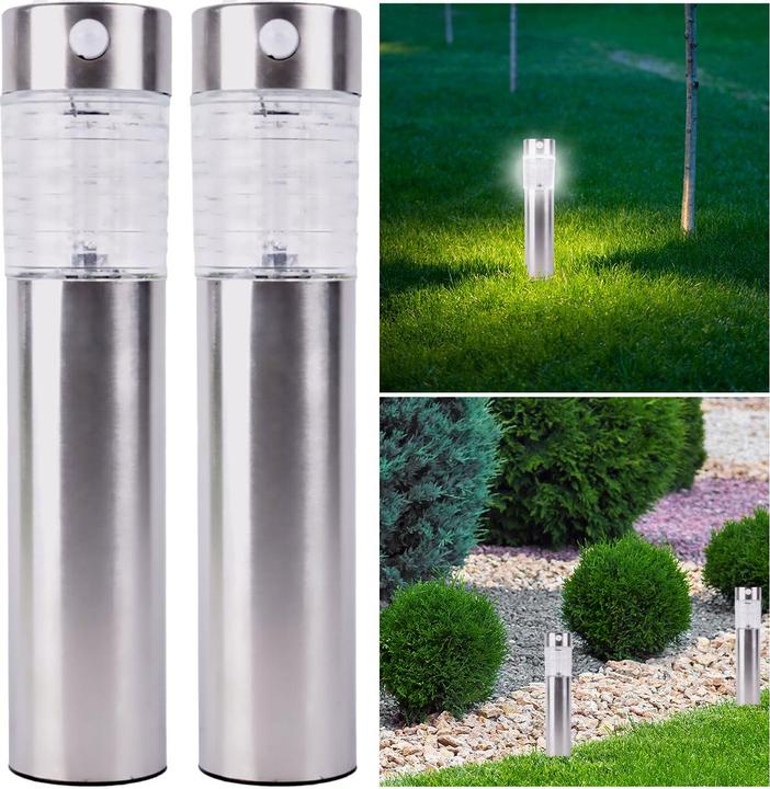 Image du produit Benson Garden Lot de 2 lampes de jardin solaires en acier inoxydable avec capteur de mouvement