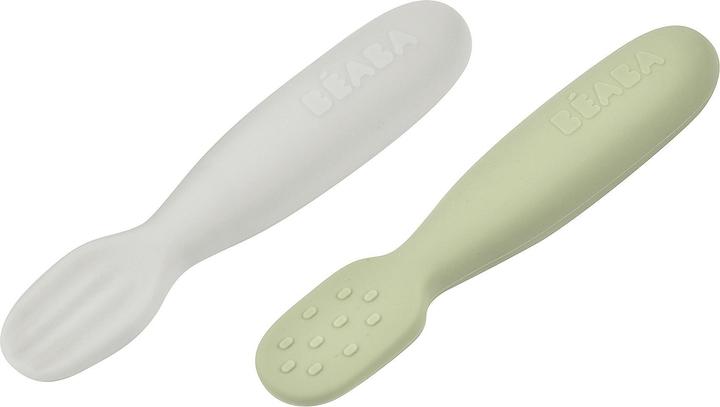 Beaba Cuillère d'apprentissage en silicone vert/gris 2pcs