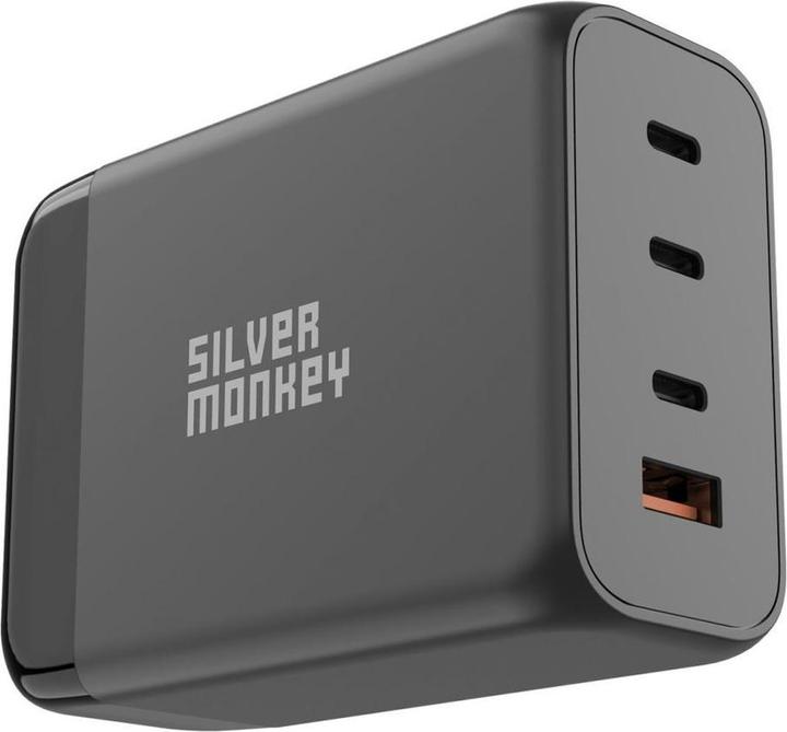 Actual product image Silver Monkey SMA155 200W GaN charger 3xUSB-C PD USB-A QC 3.0 with detachable power cable - black (200 W)