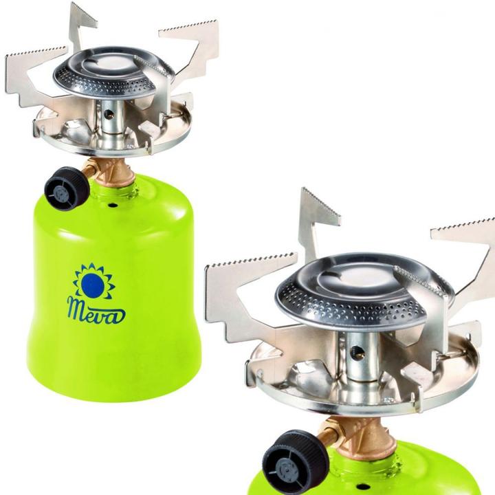 Meva Gas-Touristenkocher mit durchstochenen Gaskartuschen FOCUS 1,4 kW
