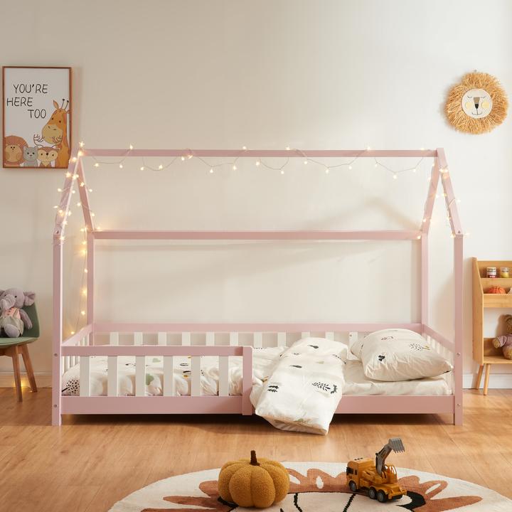 Produktbild En.Casa Hausbett Hesel mit Matratze und Rausfallschutz 90x200cm Rosa (90 x 200 cm)