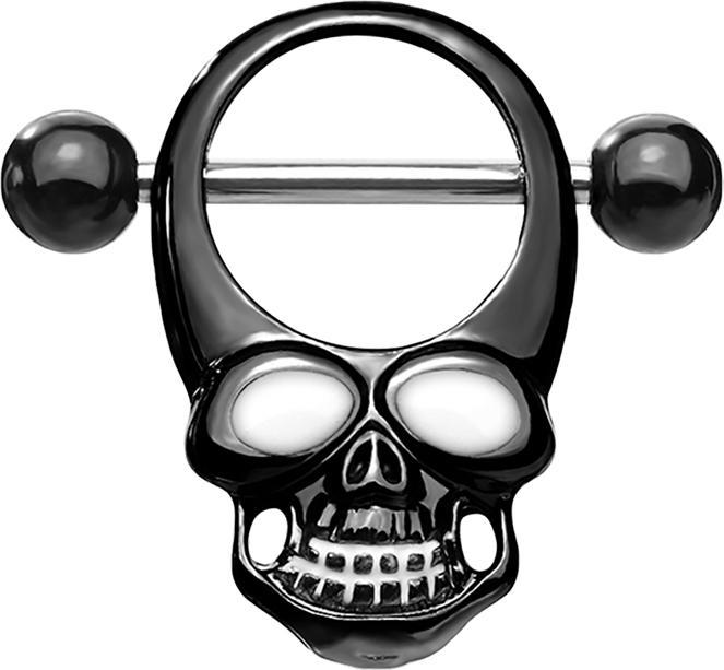 Star Piercing Barbell silber mit zwei Kugeln schwarz Totenkopf (Chirurgenstahl 316L, Messing)