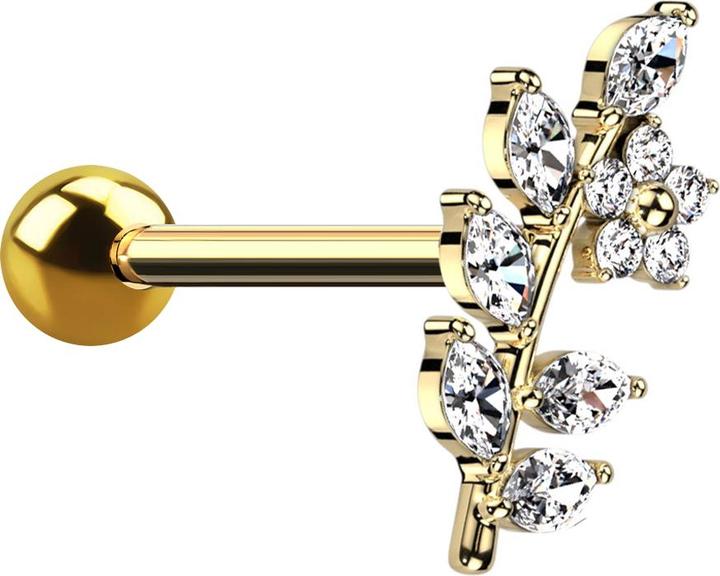 Hollywood Body Jewelry Micro Barbell vergoldet mit Kugel Rebe mit Blume Kristalle silber (Chirurgenstahl 316L, Messing)