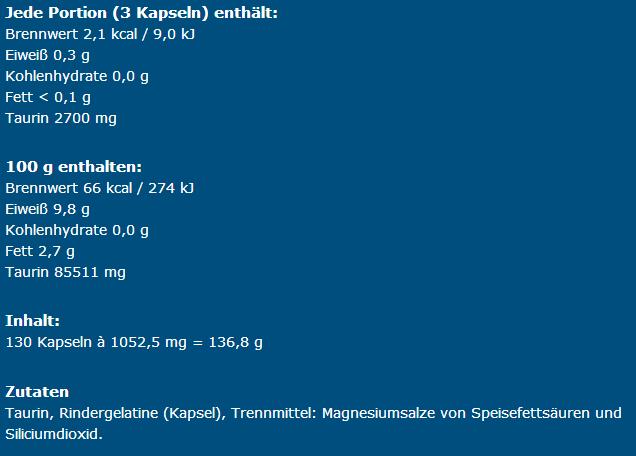 Nährwerte und Zutaten IronMaxx Taurin (130 Stück, Kapseln)