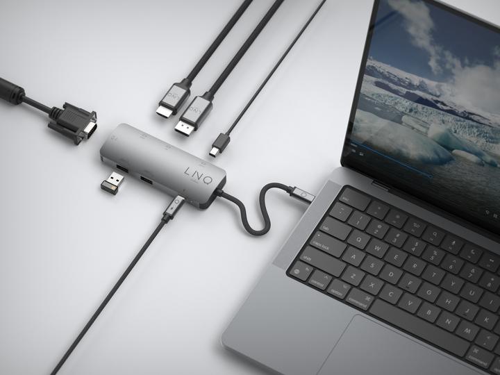 Actual product image LINQ Connects USB-C -> 1x HDMI, 1x DP, 1x miniDP, 1x VGA, 1x USB-C, 2x USB-A LQ48019 grey (USB-C, 7 Ports)