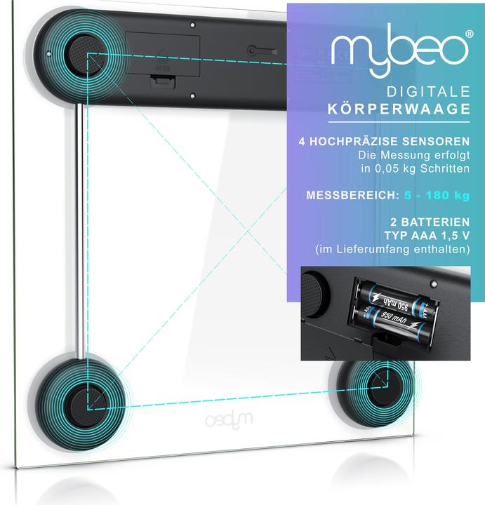 Produktbild Mybeo Digitale Waage für Personen, grosse Trittfläche aus 6mm Sicherheitsglas, Digitalwaage, Personenwaage (180 kg)