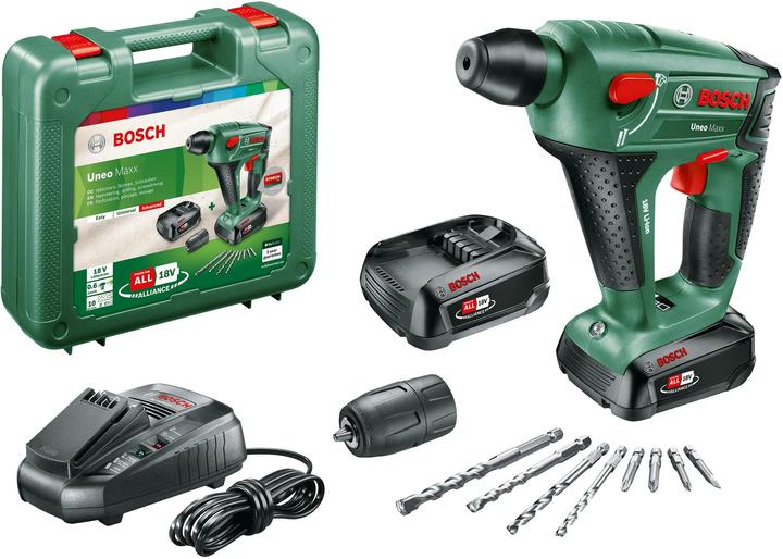 Suitcase, 1 x charger, Round shank adapter, 4 screwdriver bits, SDS-Quick Drill, Hexagonal drill bit, Rechargeable battery