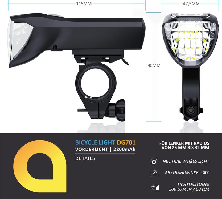 Actual product image Aplic LED bike light, front light, rechargeable bike front light with 50 LUX, bike light, StVZO approved (300 lm)